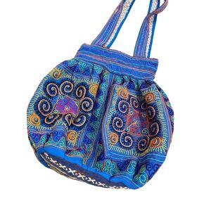 Vintage Vibrant Embroidered Bag Shoulder Handbag Blue Geometric Boho Bohemian